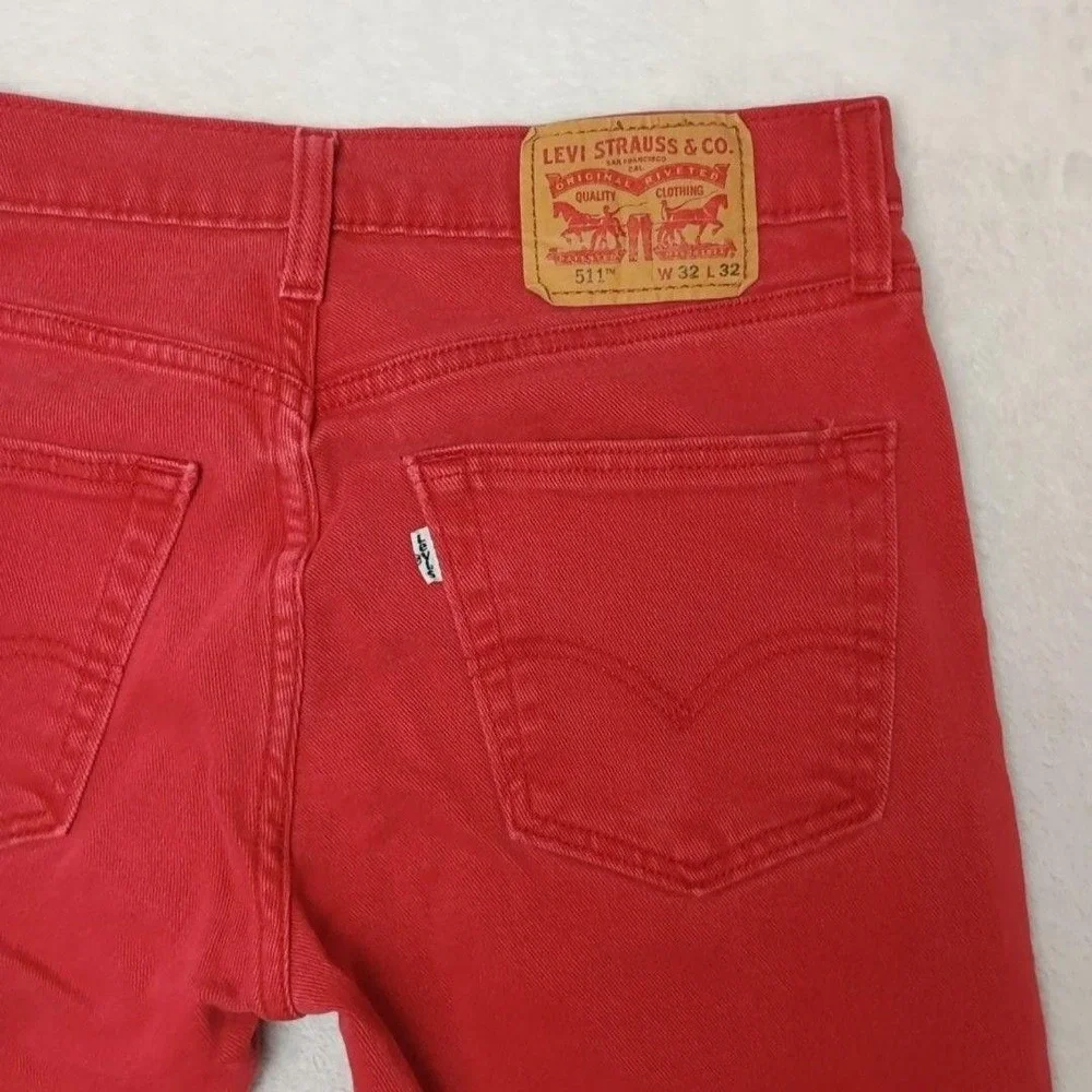 Levis 511 Jeans Mens 32x32 Red Slim Stretch Denim Cotton Blend Logo Red Tab